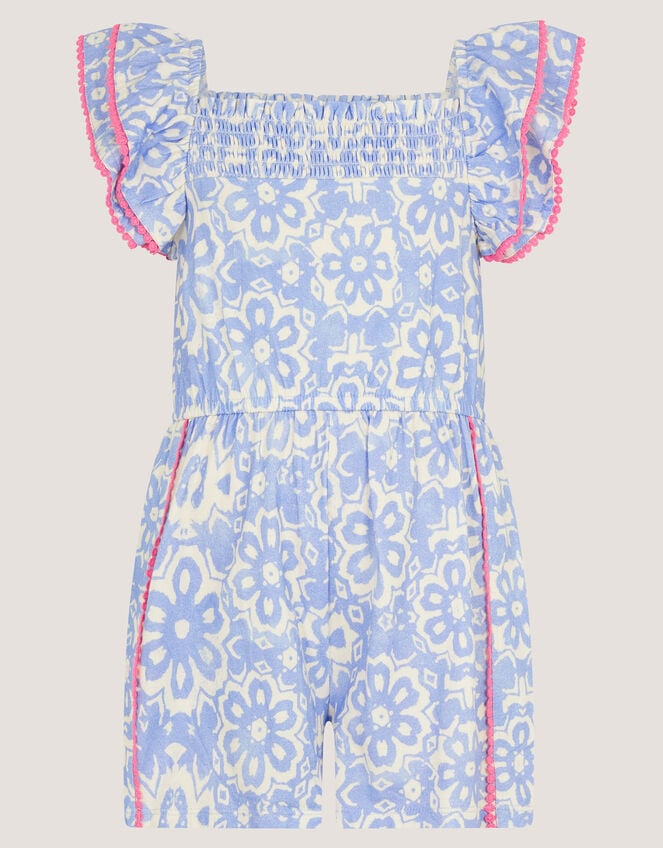 Batik Print Ruffle Playsuit , Blue (NAVY), large