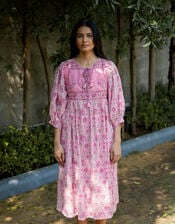 Dilli Grey Fara Floral Block Print Midi Dress, Pink (PINK), large