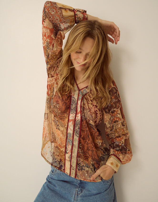 Evelina Sheer Floral Print Top Brown