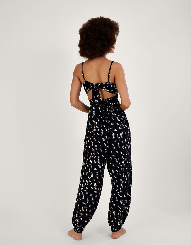 Batik Print Shirred Jumpsuit, Black (BLACK), large