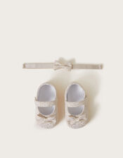 Baby Bow Jacquard Booties and Headband Set, Gold (GOLD), large