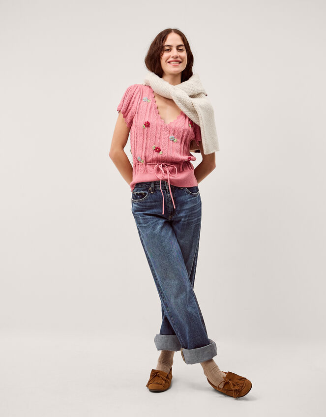 Edie Floral Embroidered Short Sleeve Jumper Pink