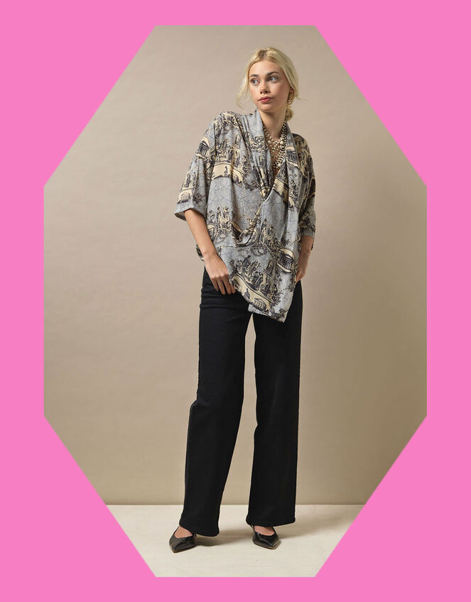 One Hundred Stars Ancient Columns Print Rachel Blouse, Grey (CHARCOAL), large