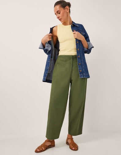 Joanie Linen Blend Barrel Trousers, Green (KHAKI), large
