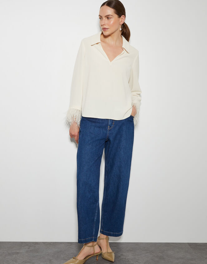 Greta Feather Sleeve Blouse, Ivory (IVORY), large