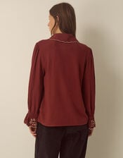 Holly Floral Embroidered Scallop Shirt, Red (BURGUNDY), large