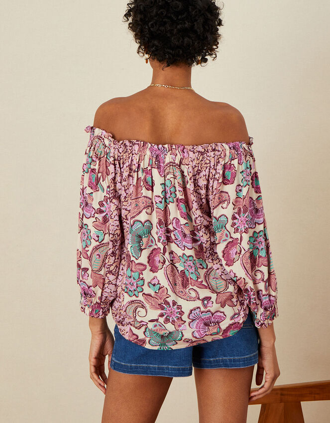 Floral Border Print Bardot Top in LENZING™ ECOVERO™ , Ivory (IVORY), large