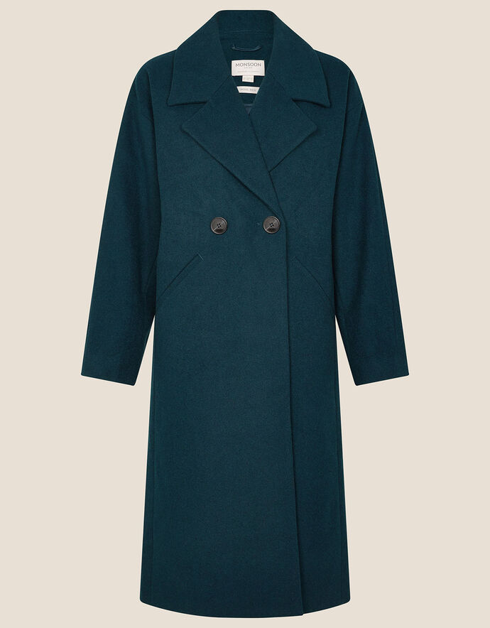 Lilian Longline Coat in Wool Blend Teal Coats Monsoon UK.