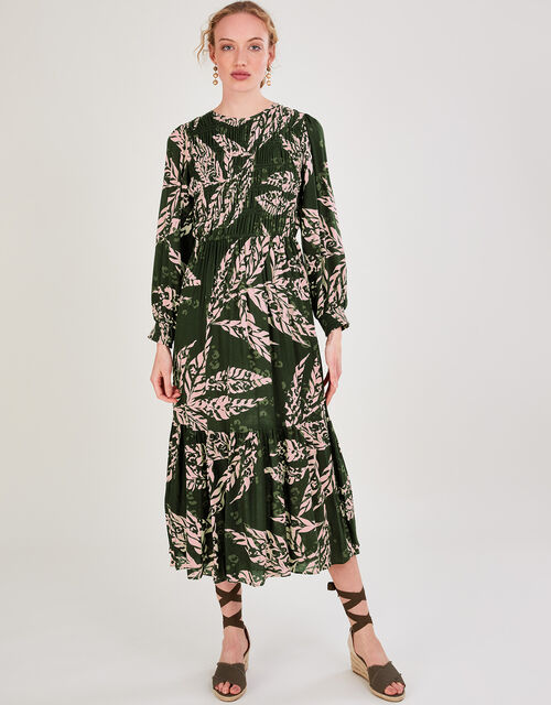 Leilani Shirred Print Midi Dress, Green (KHAKI), large