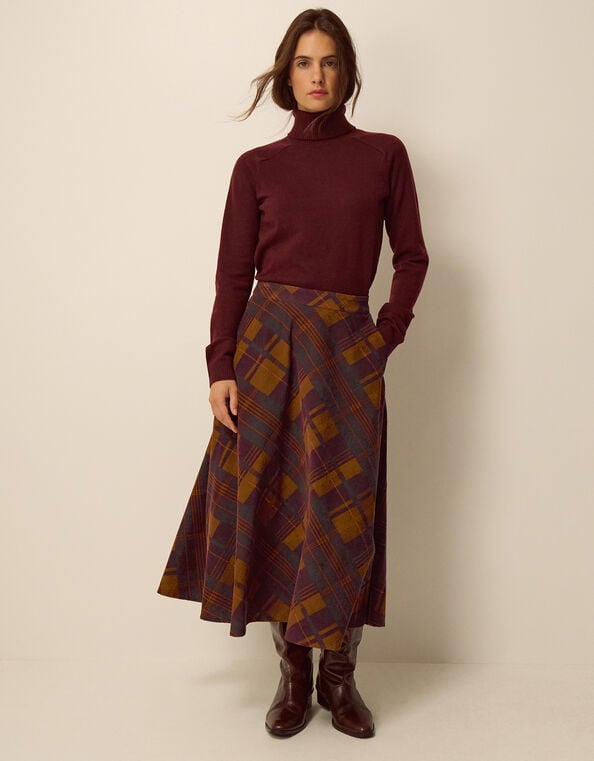 Melinda Check Print Corduroy Midi Skirt, Brown (BROWN), large