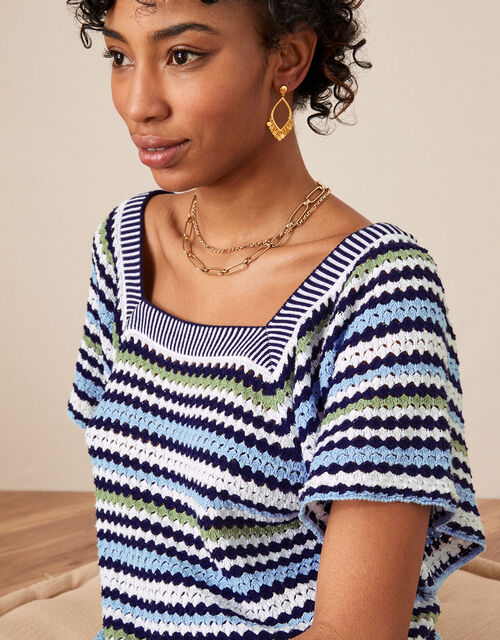 Crochet Stitch Neck Jumper in Cotton Blend, Blue (BLUE), large