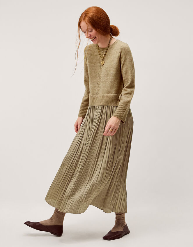 Nayla Jumper Pleated Midi Dress, Mink (MINK), large