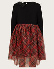 Long Sleeve Tartan Tulle Dress, Black (BLACK), large