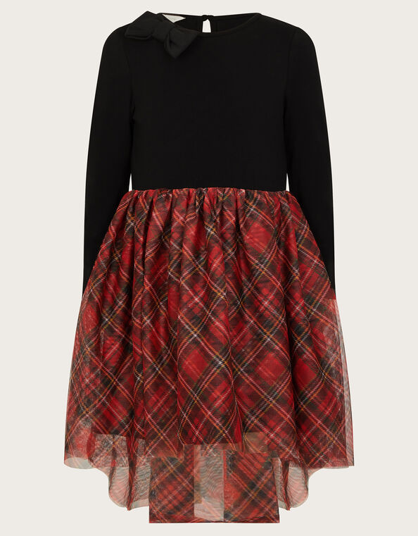 Long Sleeve Tartan Tulle Dress, Black (BLACK), large