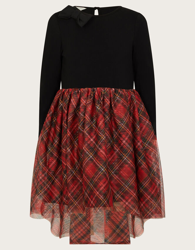 Long Sleeve Tartan Tulle Dress, Black (BLACK), large