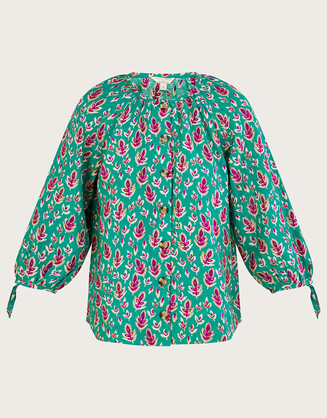 Print Tie Cuff Button Through Linen Blouse Green | Tops & T-shirts ...