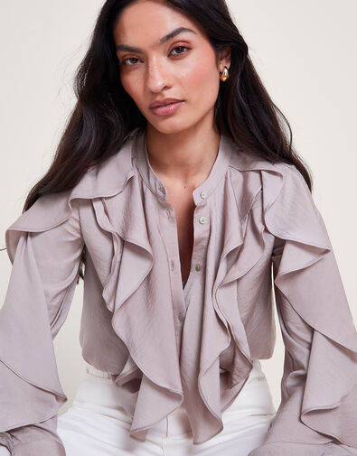 Lola Satin Ruffle Blouse, Mink (MINK), large