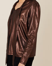 Madeline Metallic Pussybow Blouse, Bronze (BRONZE), large