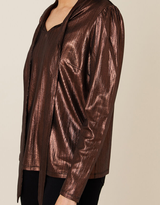 Madeline Metallic Pussybow Blouse, Bronze (BRONZE), large