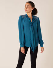 Holly Heat-Seal Gem Pussy-Bow Blouse, Teal (TEAL), large