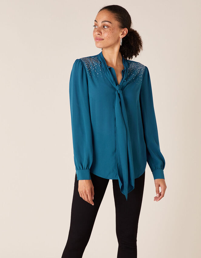 Holly Heat-Seal Gem Pussy-Bow Blouse, Teal (TEAL), large