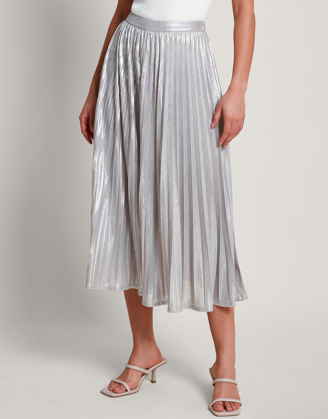 Mia Pleated Midi Skirt, Silver (SILVER), large