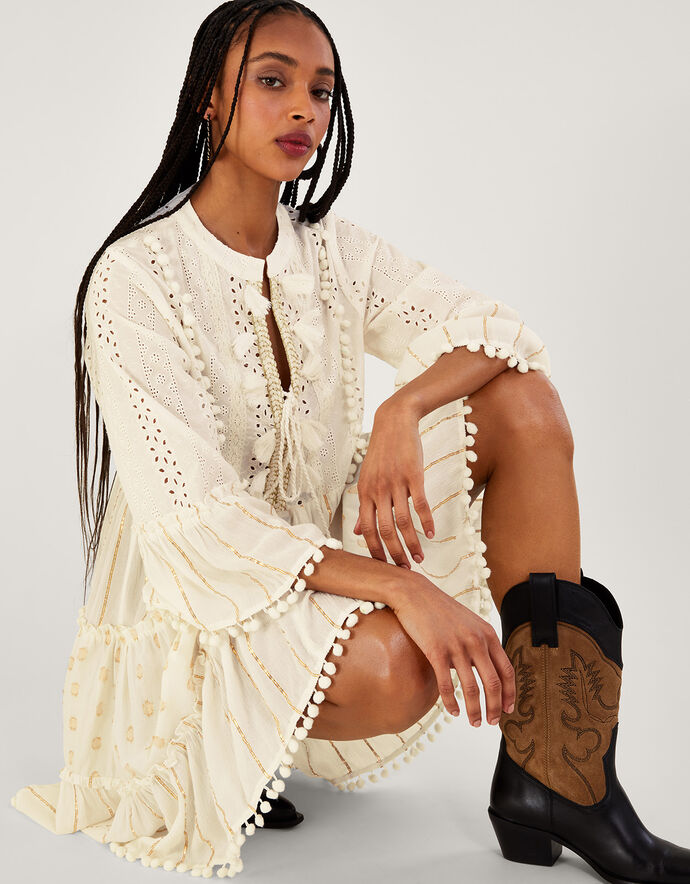 Metallic Tassel Kaftan Dress Ivory