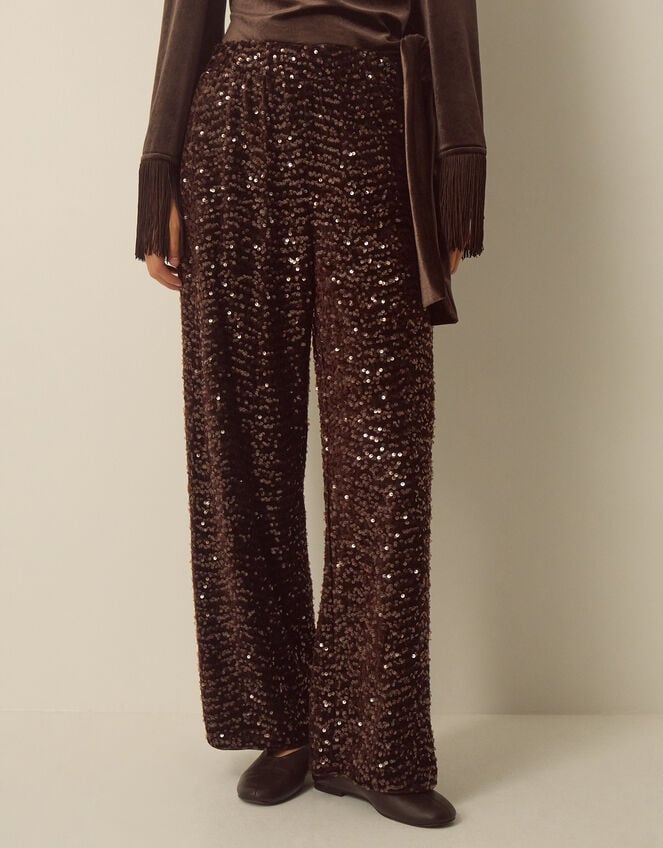 Samie Sequin Velvet Wide Leg Trousers, Brown (CHOCOLATE), large