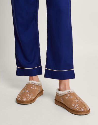 Embroidered Mule Slippers, Brown (BROWN), large
