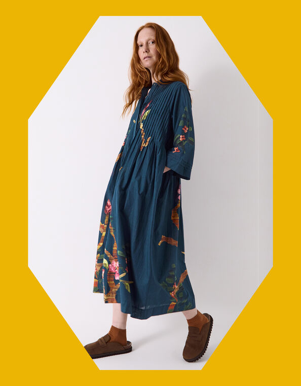 East Aphira Floral Pleated Shirt Dress, Teal (TEAL), large