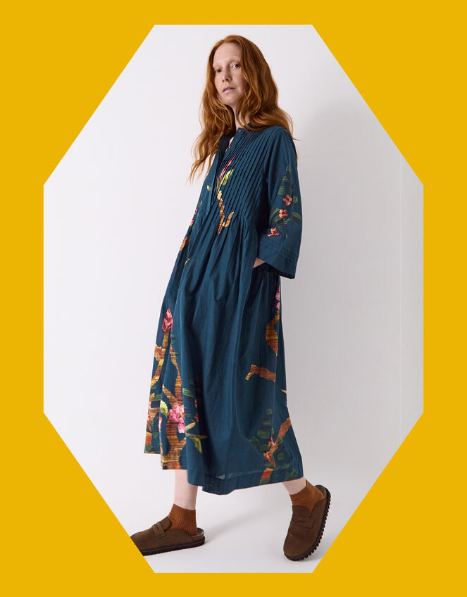 East Aphira Floral Pleated Shirt Dress, Teal (TEAL), large
