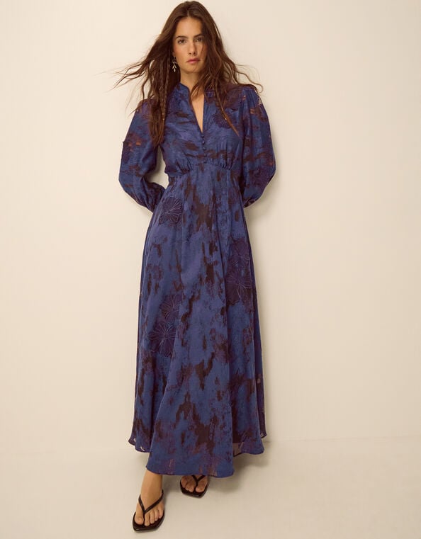 Glen Floral Jacquard Midi Dress, Blue (NAVY), large