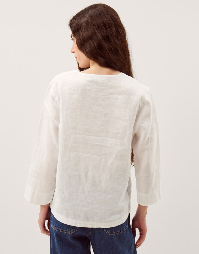 Jayla V-Neck Lace Linen Blouse, White (WHITE), large
