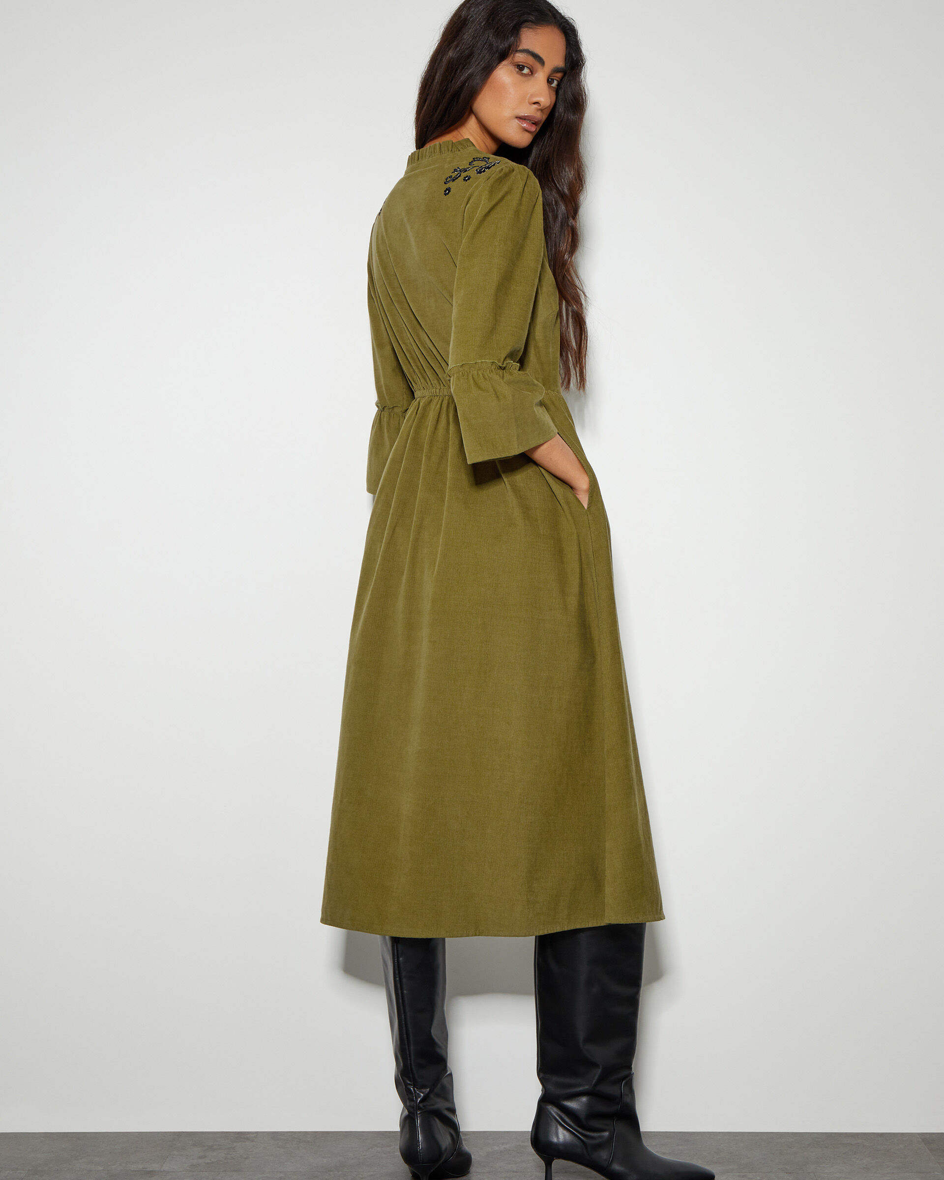 Edith Embroidered Corduroy Midi Dress Green