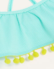 Pom-Pom Frill Bikini with Recycled Polyester, Blue (TURQUOISE), large