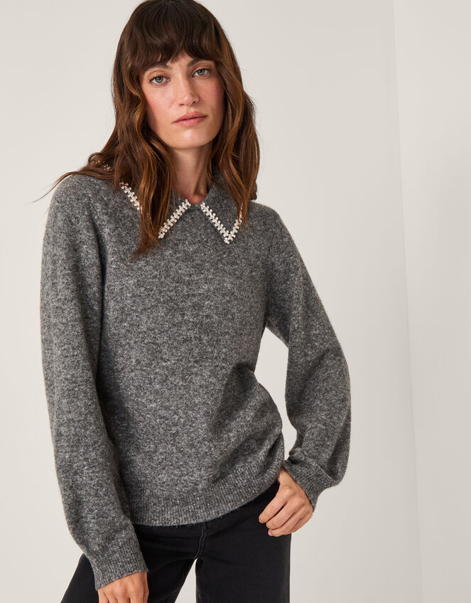 Caryn Embellished Collar Jumper Grey Jumpers Monsoon