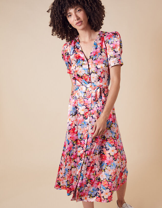 Faith Floral Print Satin Shirt Dress, Blue (NAVY), large