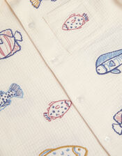 Embroidered Fish Short Sleeve Shirt, Ivory (IVORY), large