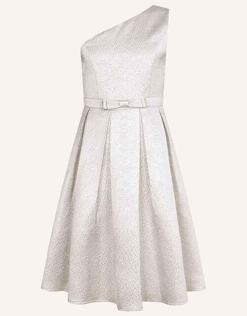 Jolie One-Shoulder Jacquard Prom Dress, Silver (SILVER), large