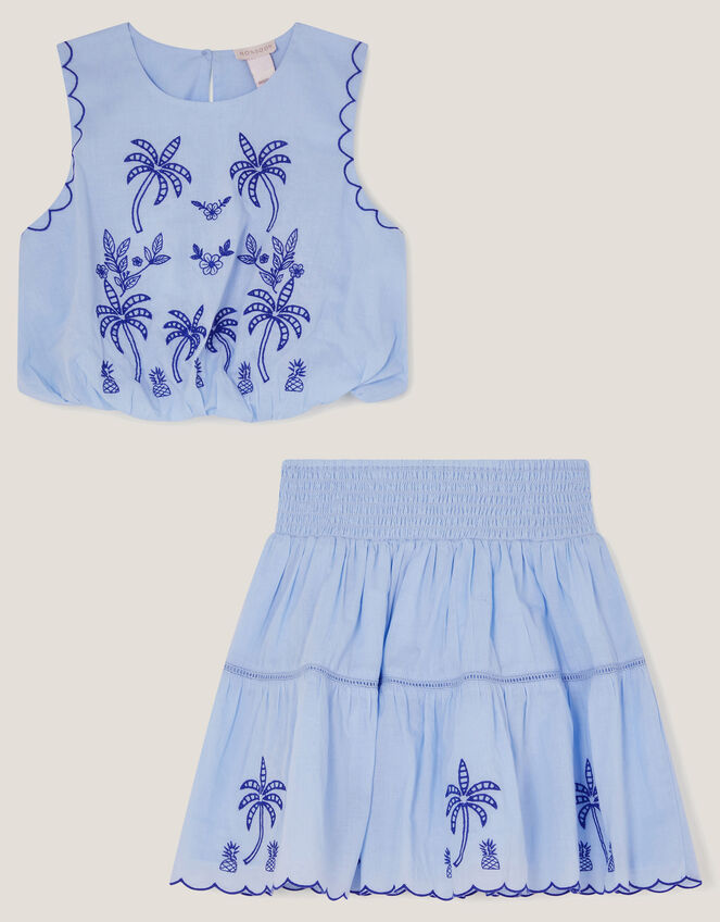Palm Tree Embroidered Top and Skirt Set, Blue (BLUE), large