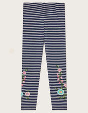 Floral Embroidered Stripe Leggings, Blue (NAVY), large