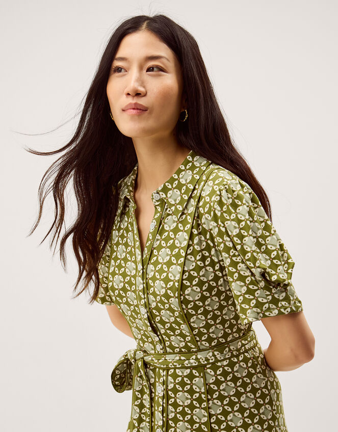 Kalani Geometric Jersey Midi Shirt Dress Green