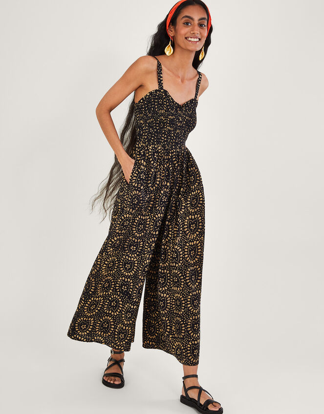 Batik Print Wide Leg Jumpsuit in LENZING™ ECOVERO™, Black (BLACK), large