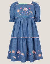 Embroidered Puff Sleeve Denim Dress, Blue (BLUE), large