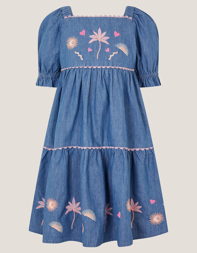 Embroidered Puff Sleeve Denim Dress, Blue (BLUE), large