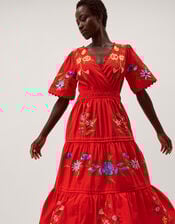 Emma Floral Embroidered Midi Dress, Red (RED), large