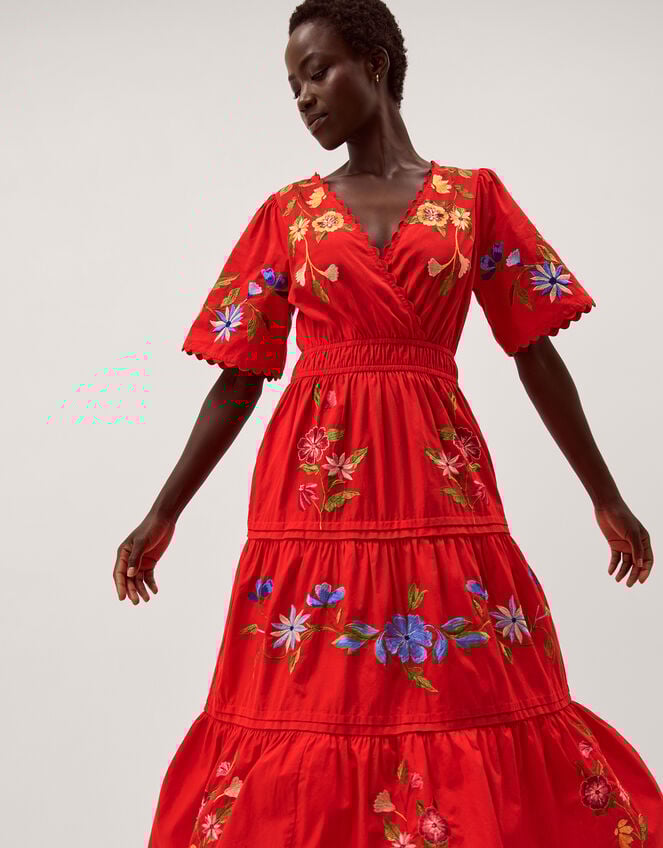 Emma Floral Embroidered Midi Dress, Red (RED), large