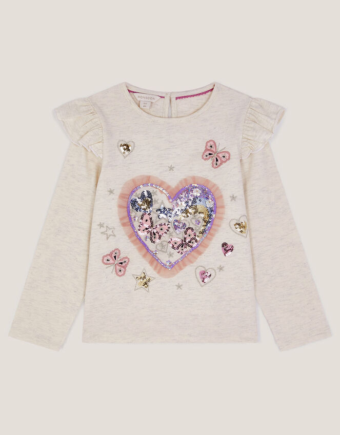 Sequin Heart Butterfly Long Sleeve Top, Ivory (IVORY), large