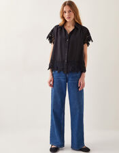 Lara Linen-Blend Short Sleeve Shirt, Black (BLACK), large