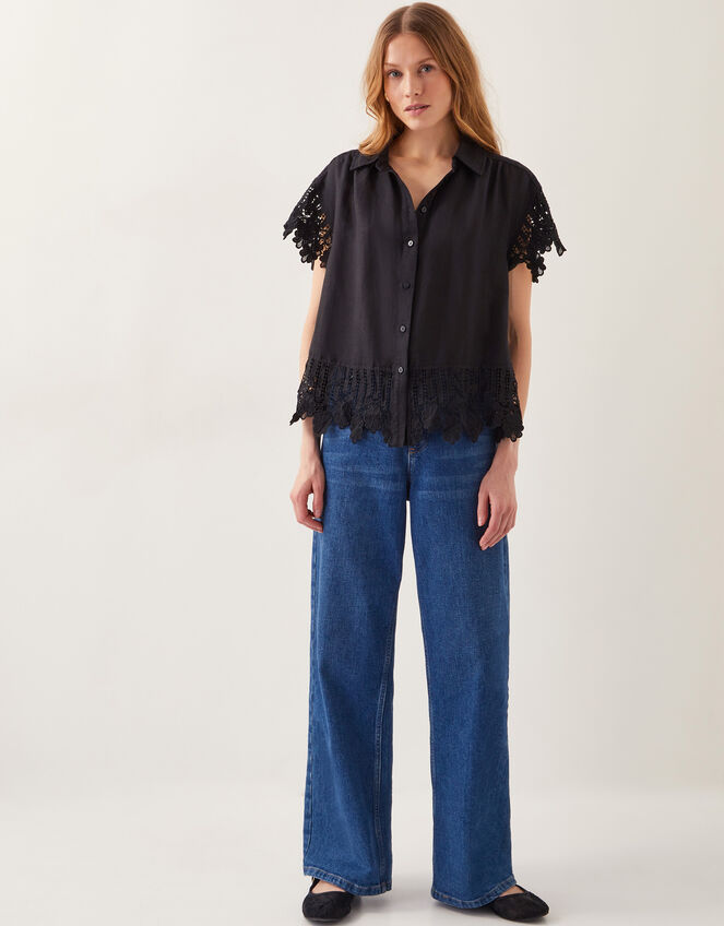 Lara Linen-Blend Short Sleeve Shirt, Black (BLACK), large